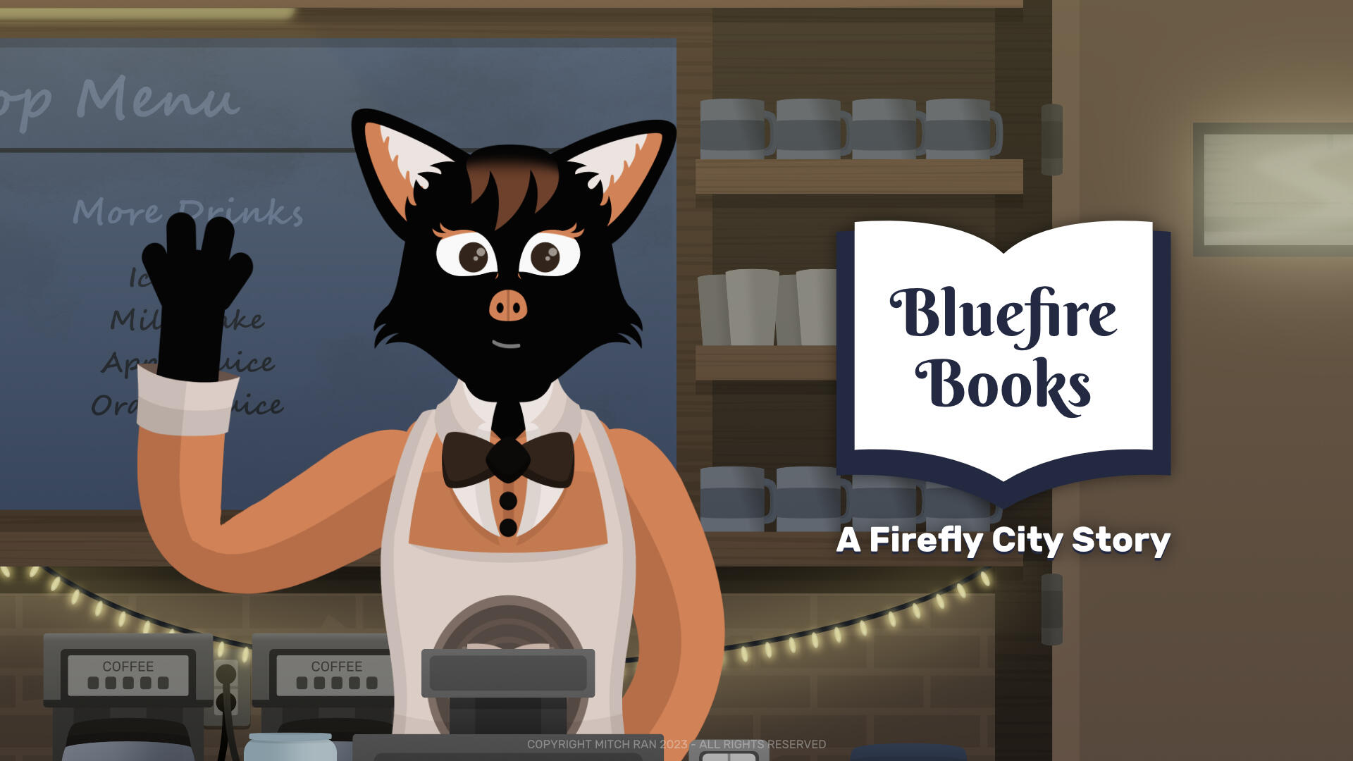 Bluefire Books - A Firefly City Story A promotional gif of Samantha from Bluefire Books: A Firefly City Story waving at you from behind the coffeeshop counter.